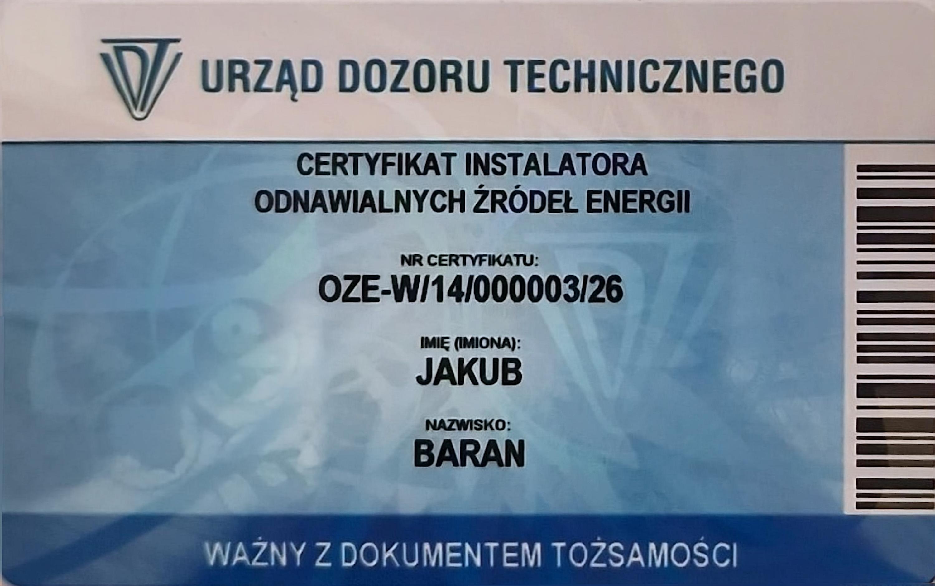 Certyfikat OZE - Pompy Ciepła (HP) - przód
