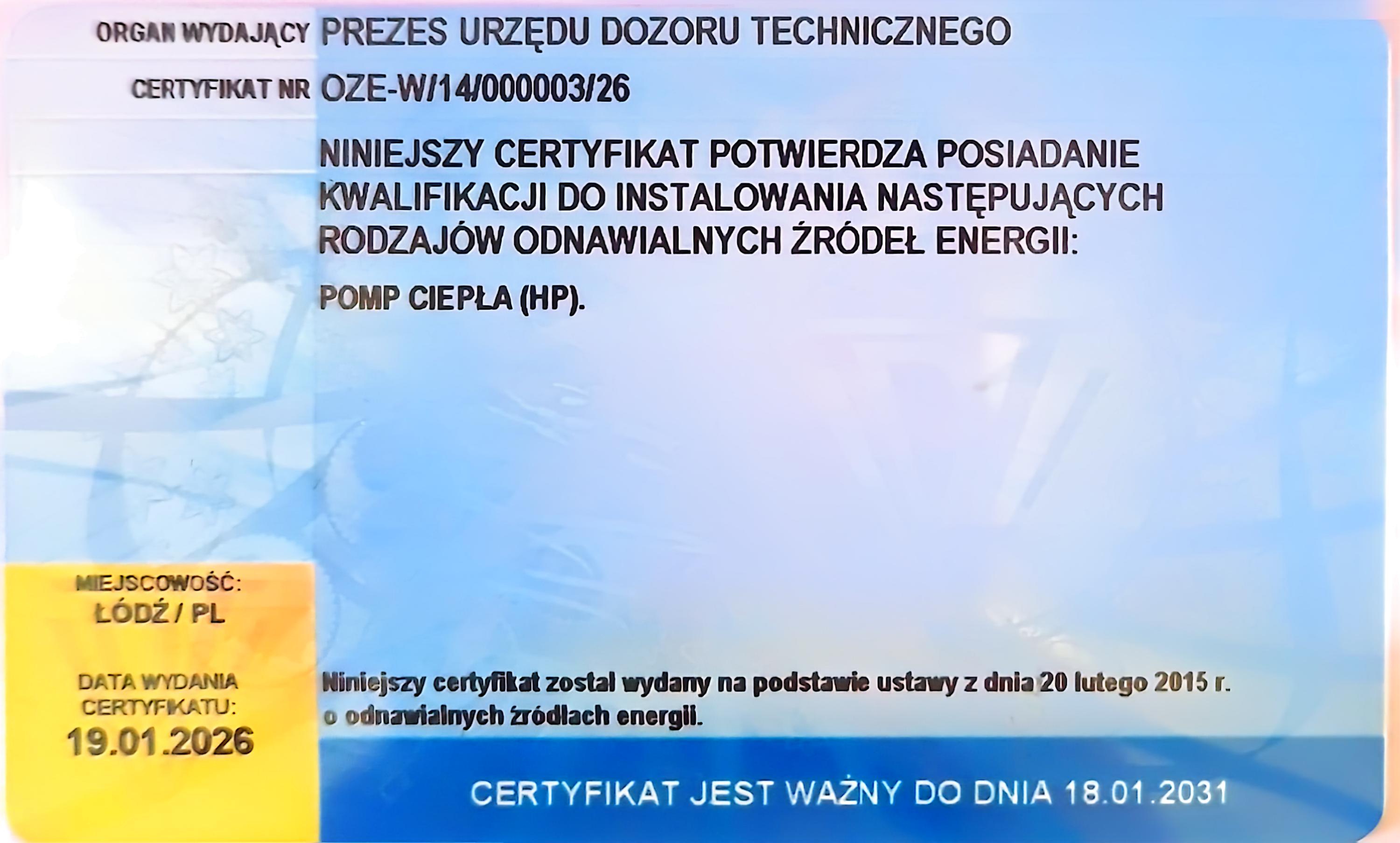 Certyfikat OZE - Pompy Ciepła (HP) - tył