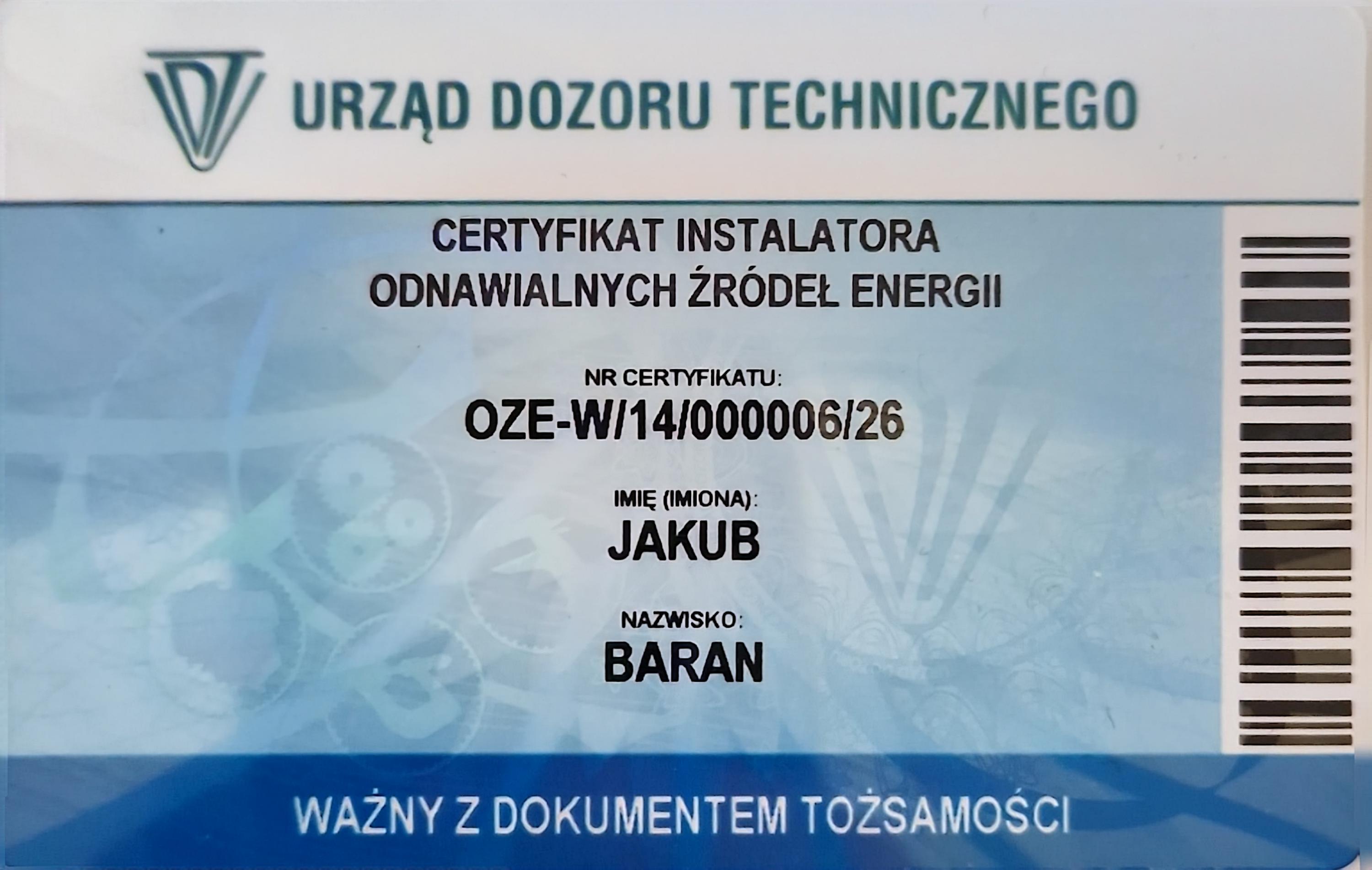 Certyfikat OZE - Słoneczne Systemy Grzewcze (ST) - przód
