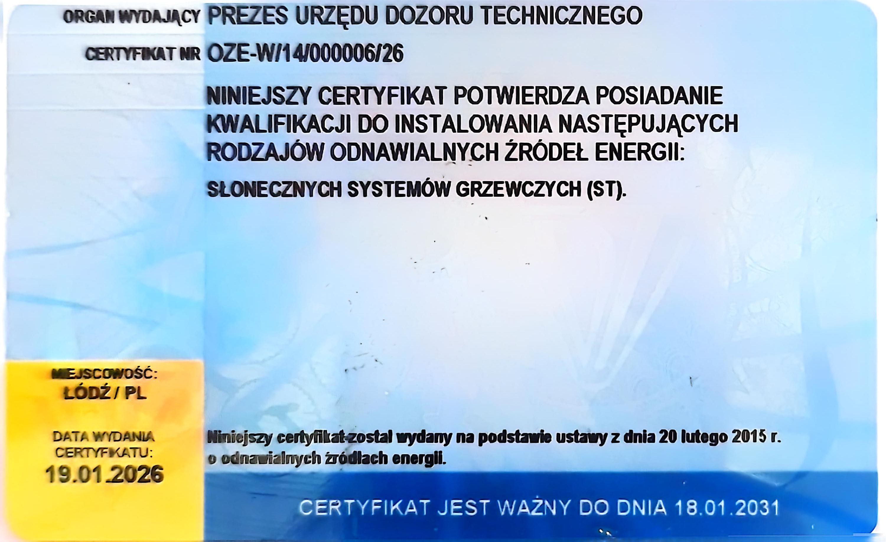 Certyfikat OZE - Słoneczne Systemy Grzewcze (ST) - tył